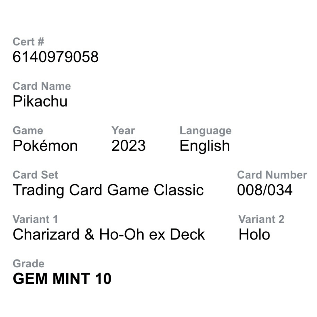 Pikachu CGC 10 2023 Pokemon Charizard & Ho-Oh ex Deck - Holo Card #008/034