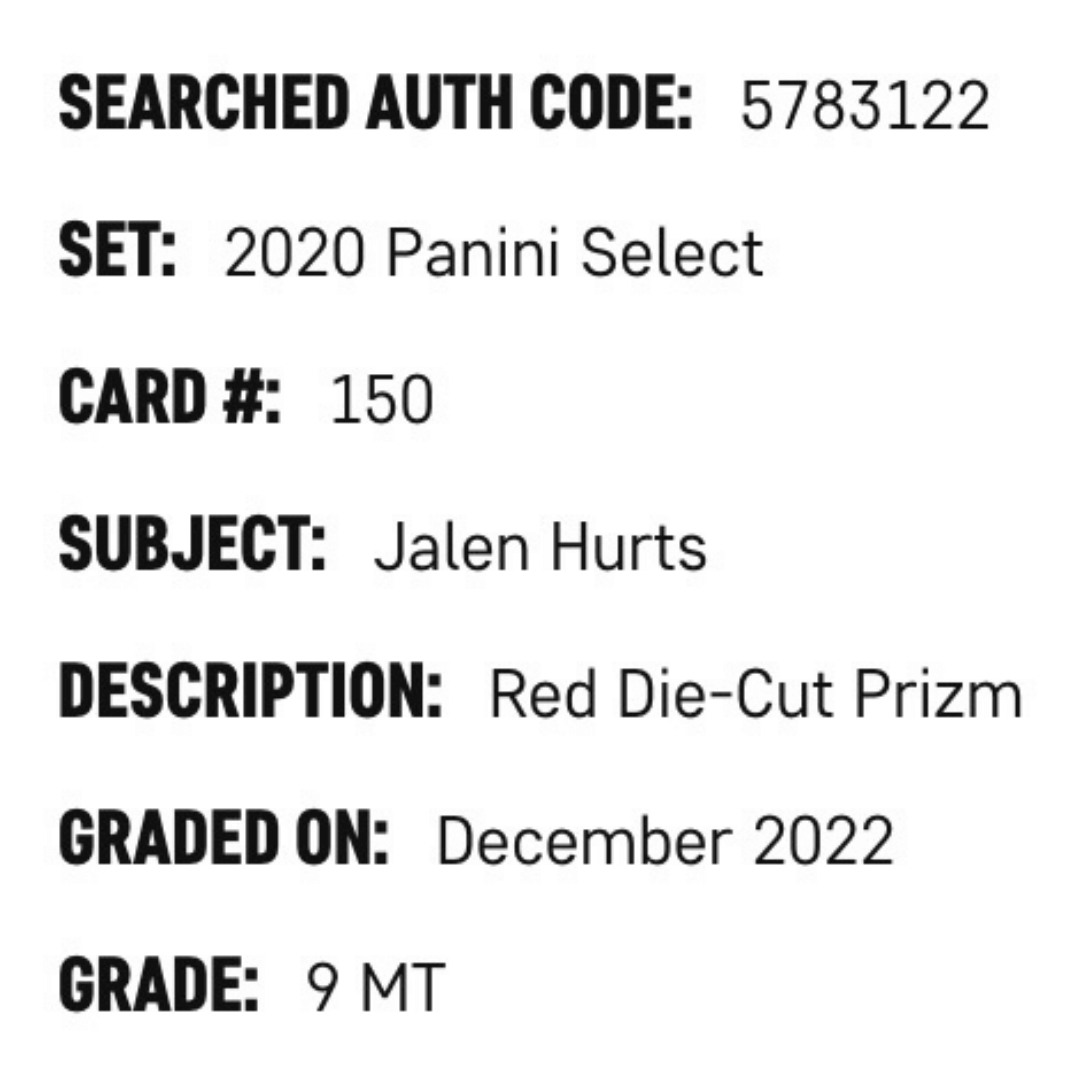 Jalen Hurts SGC 9 2020 Panini Select Red Die- Cut Prizm Card #150