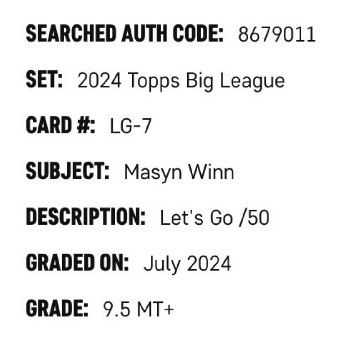 Masyn Winn SGC 9.5 2024 Topps Big League Let's Go Rookie RC #d/50 Card #LG-7