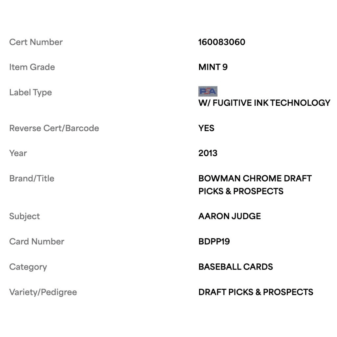 Aaron Judge PSA 9 2013 Bowman Chrome Draft Picks & Prospects Card #BDPP19