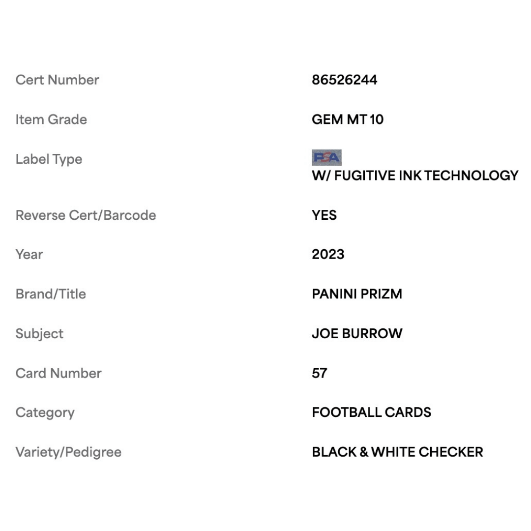 Joe Burrow PSA 10 2023 Panini Prizm Black & White Checker Card #57