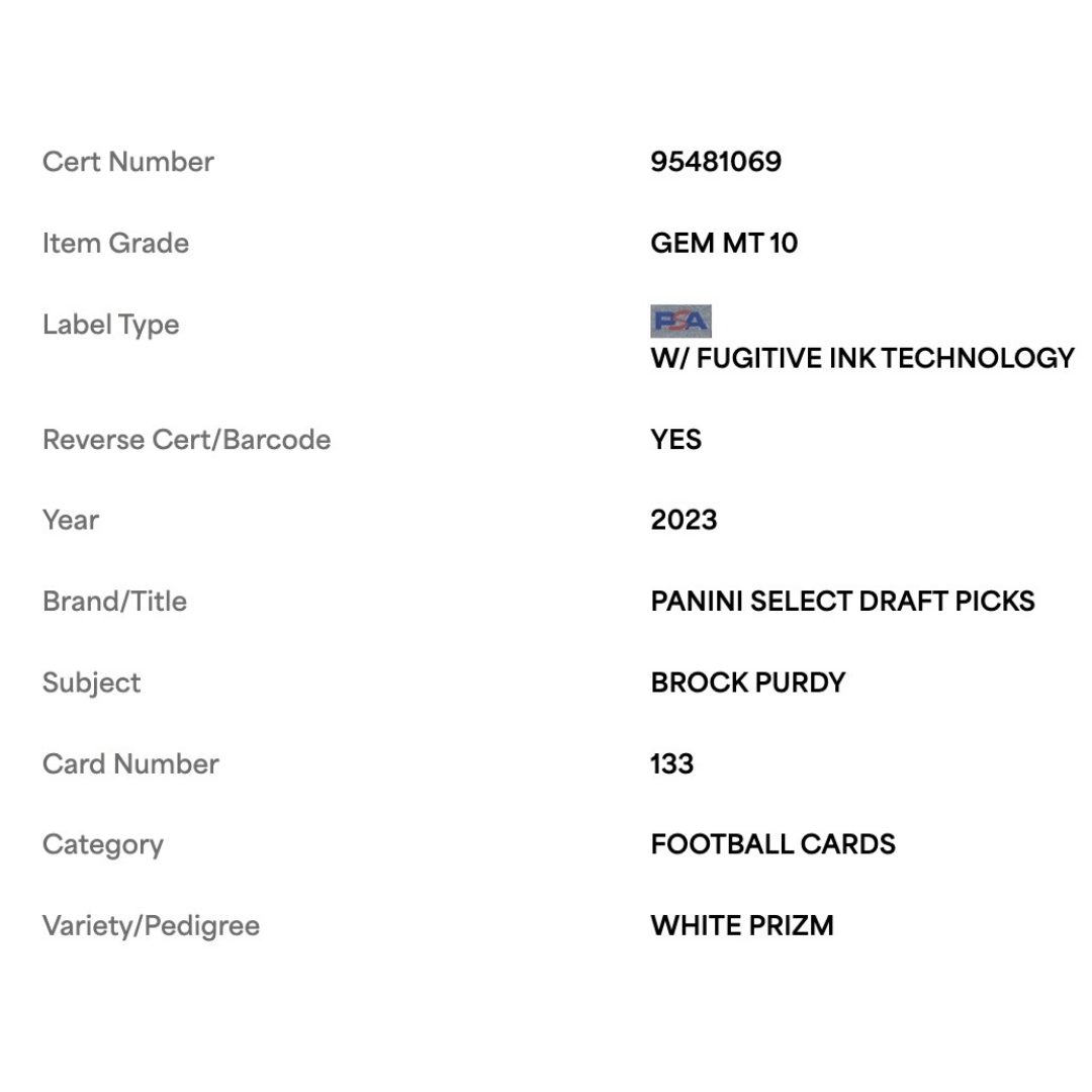 Brock Purdy PSA 10 2023 Panini Select Draft Picks White Prizm #d/ 35 Card #133