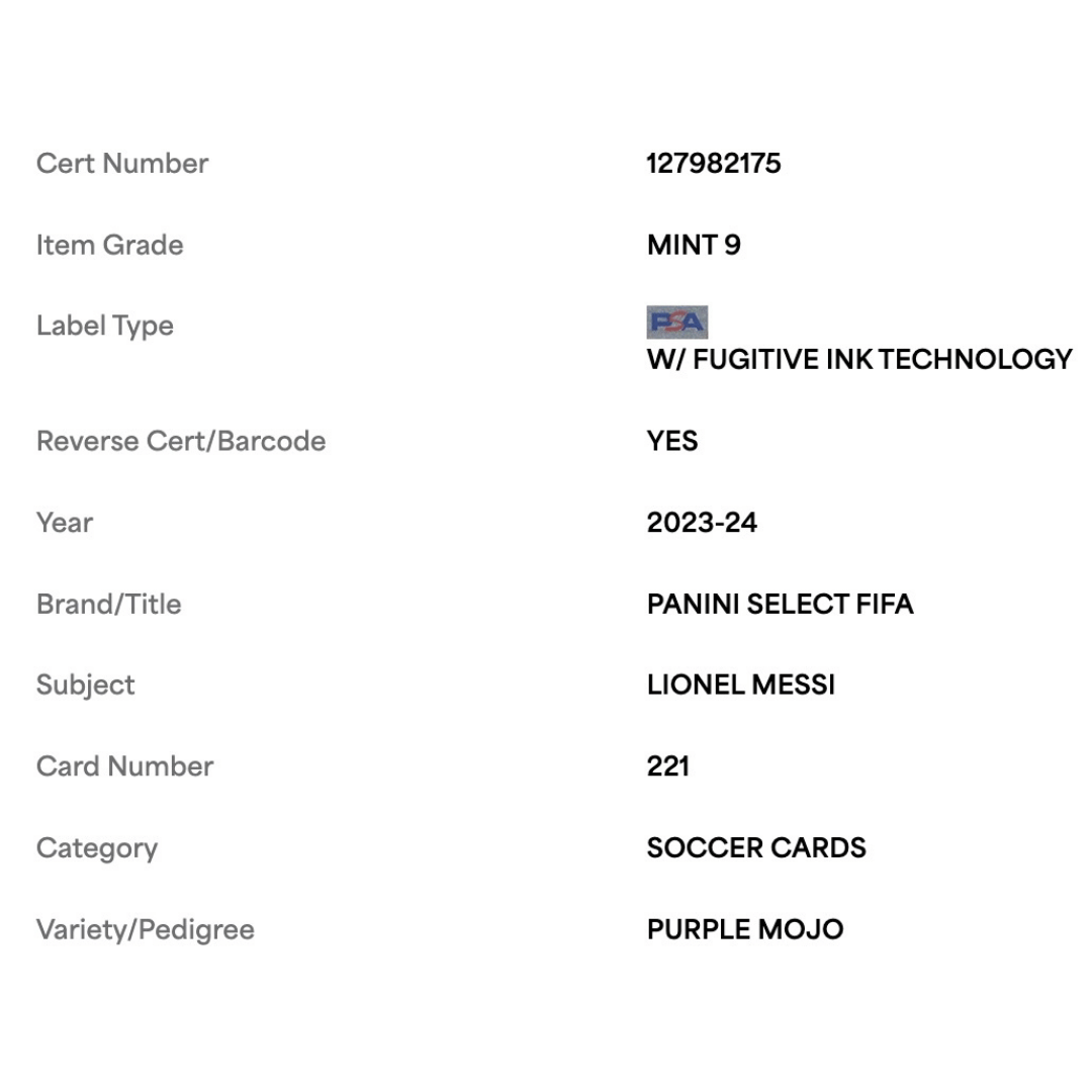 Lionel Messi PSA 9 2023-24 Panini Select FIFA Purple Mojo Card #221