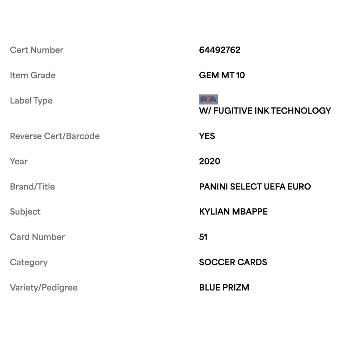 Kylian Mbappe PSA 10 2020 Panini Select UEFA Euro Blue Prizm #d/ 225 Card #51