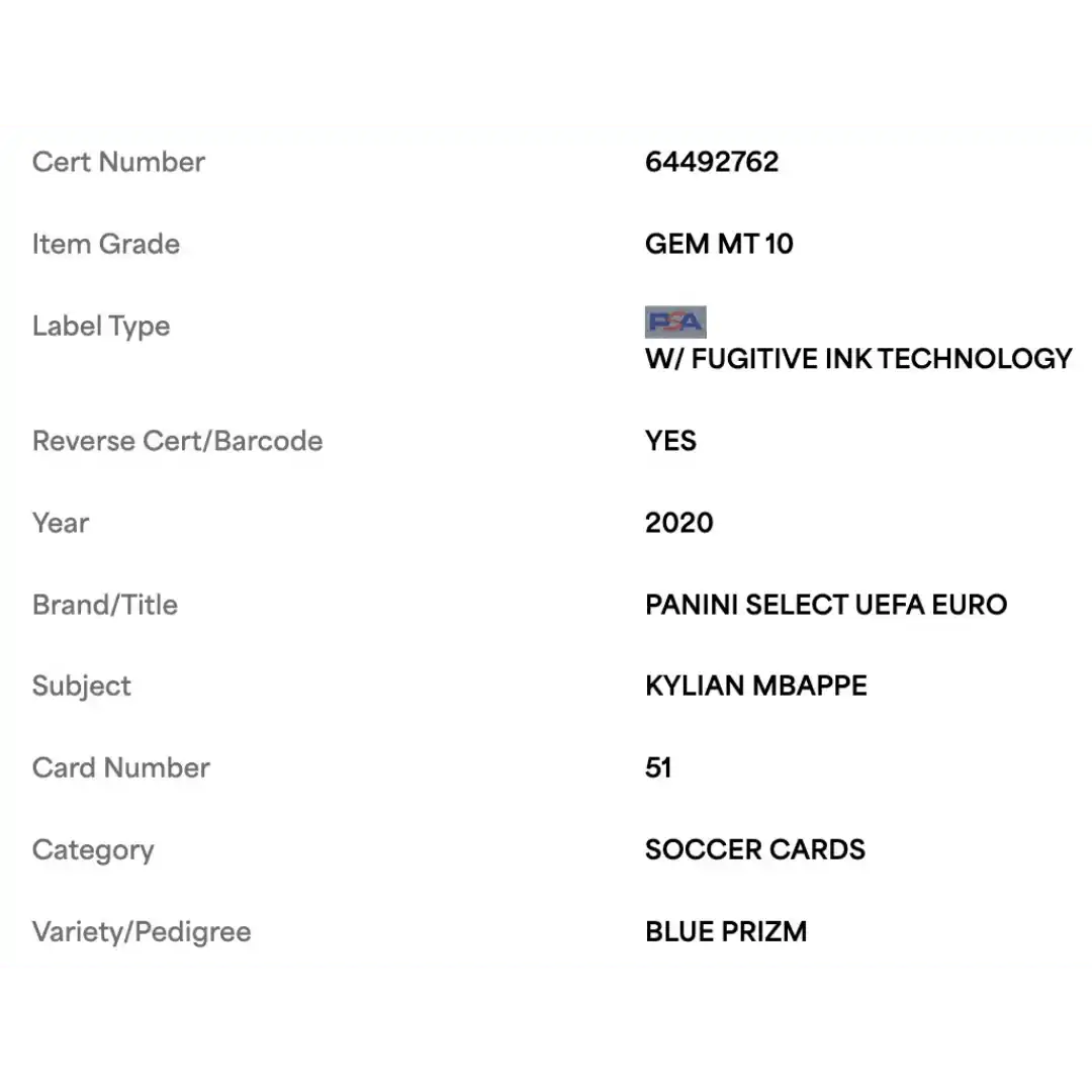 Kylian Mbappe PSA 10 2020 Panini Select UEFA Euro Blue Prizm #d/ 225 Card #51