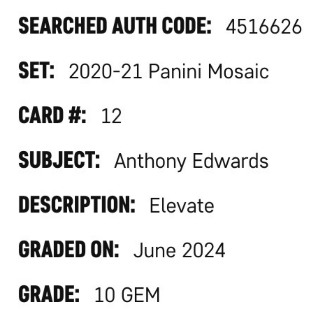 Anthony Edwards SGC 10 2020-21 Panini Mosaic Elevate Card #12