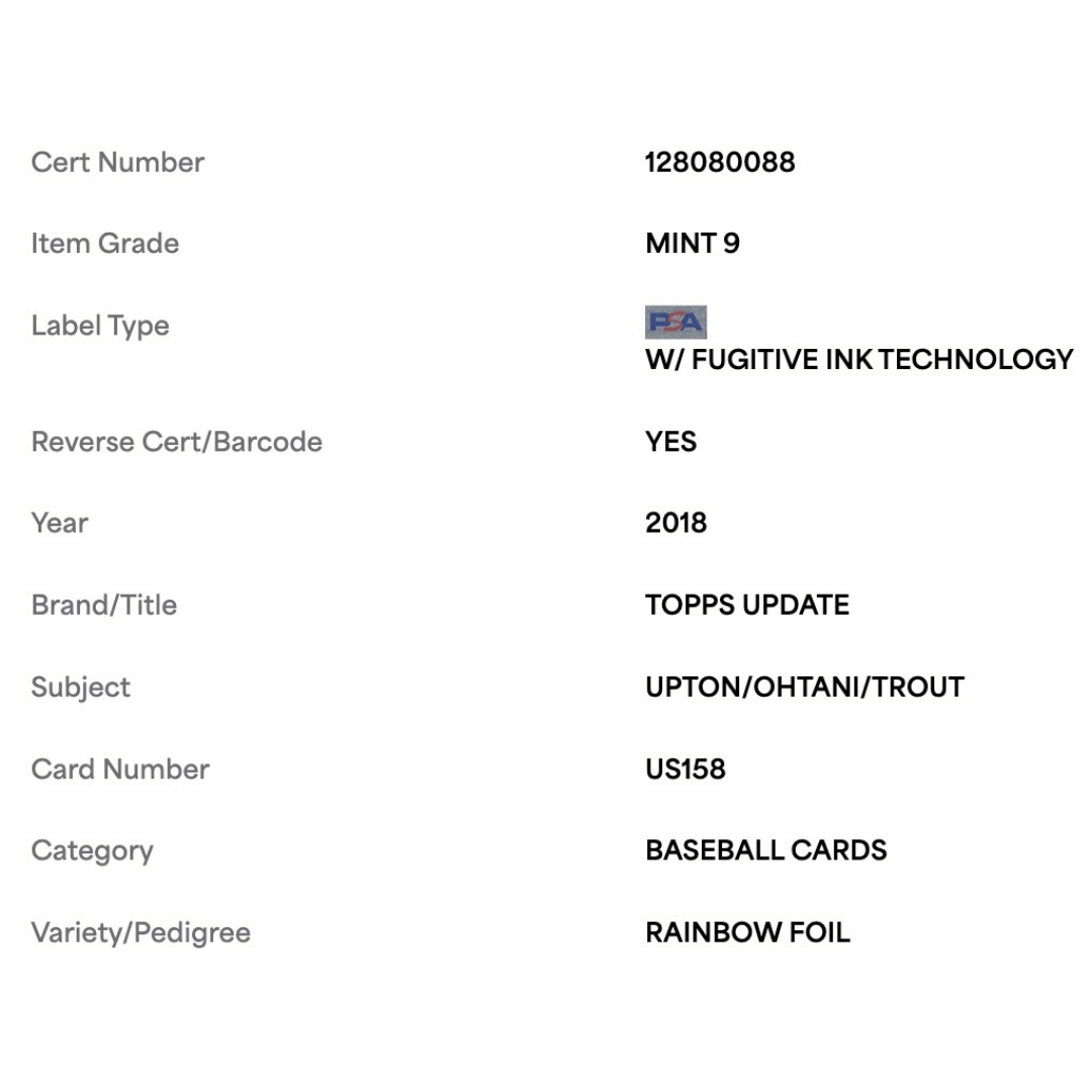 Upton/ Ohtani/ Trout PSA 9 2018 Topps Update Rainbow Foil Card #US158