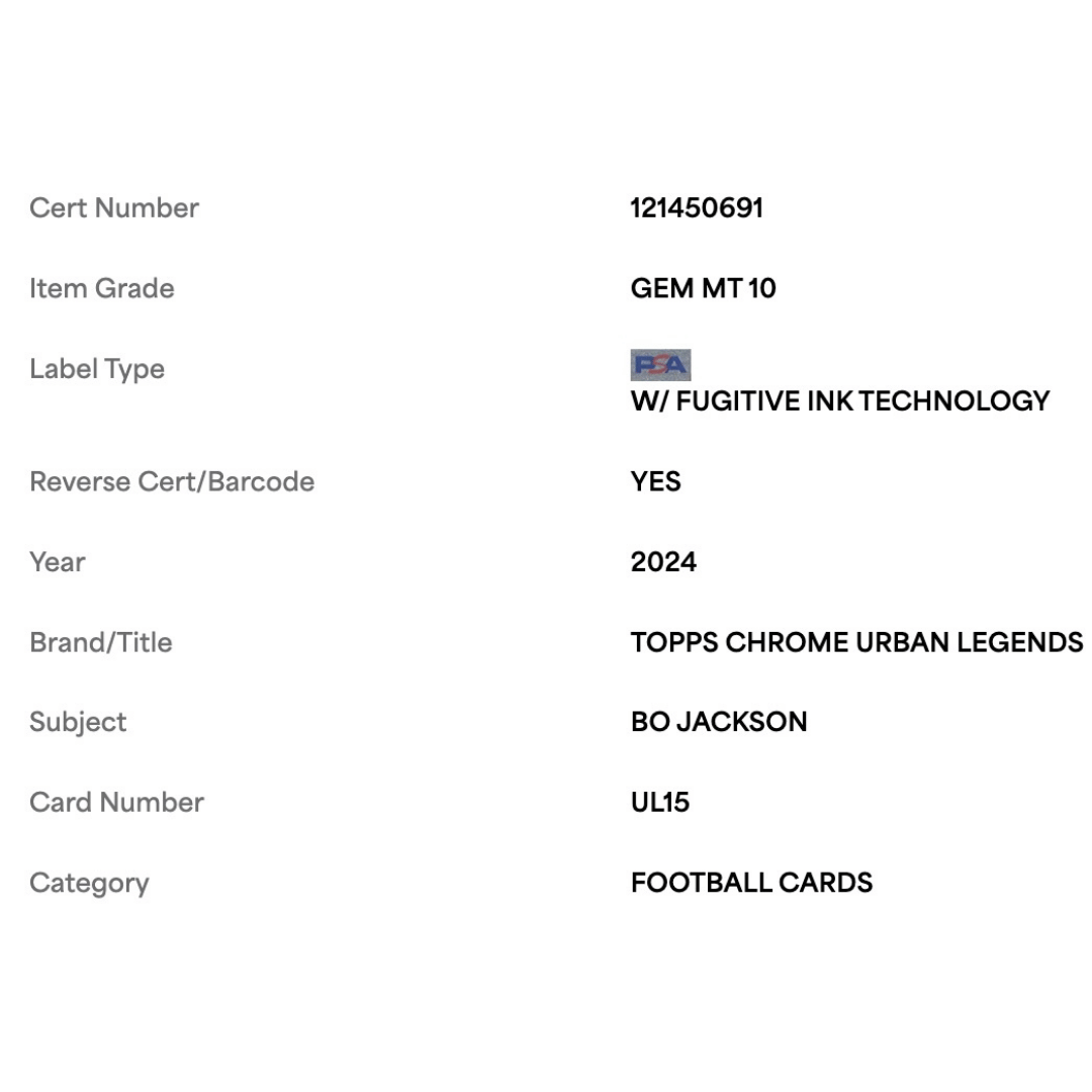 Bo Jackson PSA 10 2024 Topps Chrome Urban Legends Case Hit Card #UL15
