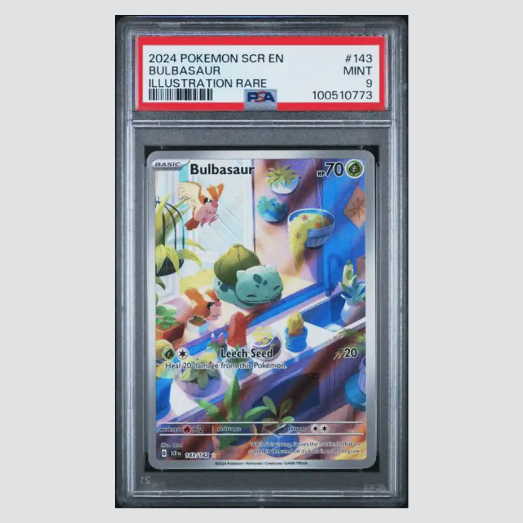 bulbasour pokemon card Bulbasaur 2024 Stellar Crown Illustration Rare #143 PSA Authenticated 9 Rx2 / None / Birthday Pikachu 🎂 This Dice Case Color:Gold / Orange