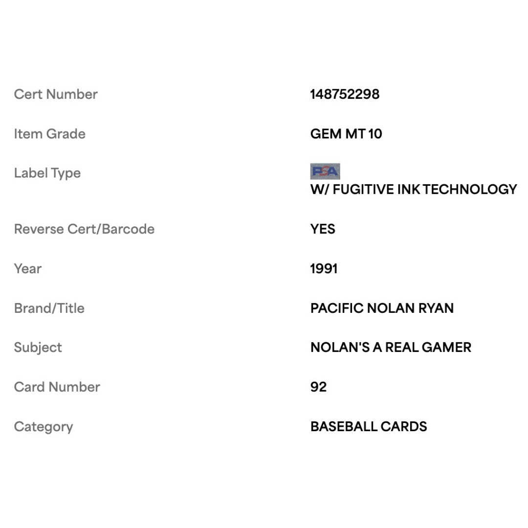 Nolan Ryan PSA 10 1991 Pacific Nolan Ryan Nolan's A Real Gamer Card #92