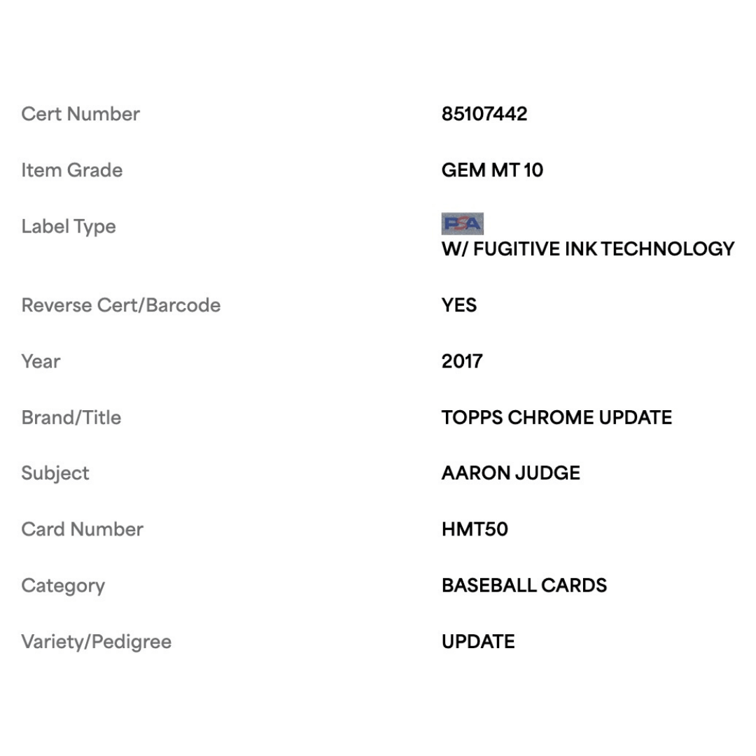 Aaron Judge PSA 10 2017 Topps Chrome Update Rookie RC Card #HMT50