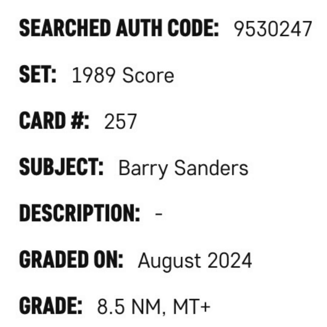 Barry Sanders SGC 8.5 1989 Score Card #257