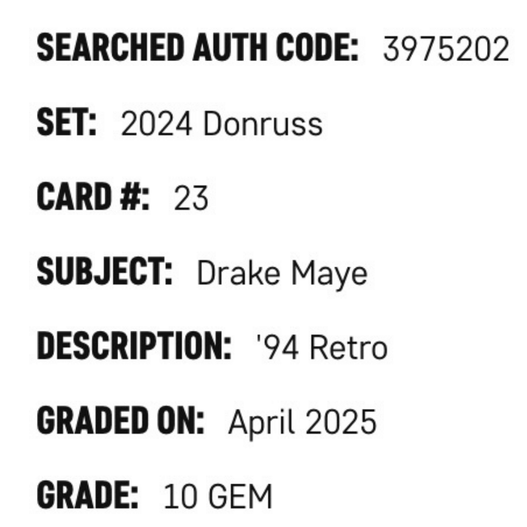 Drake Maye SGC 10 2024 Panini Donruss '94 Retro Card #23