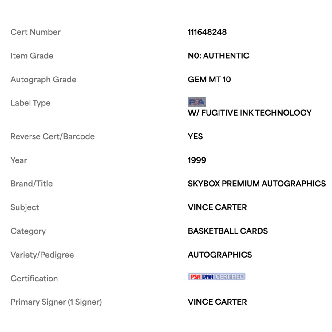 Vince Carter 1999 Skybox Premium Autographics Card