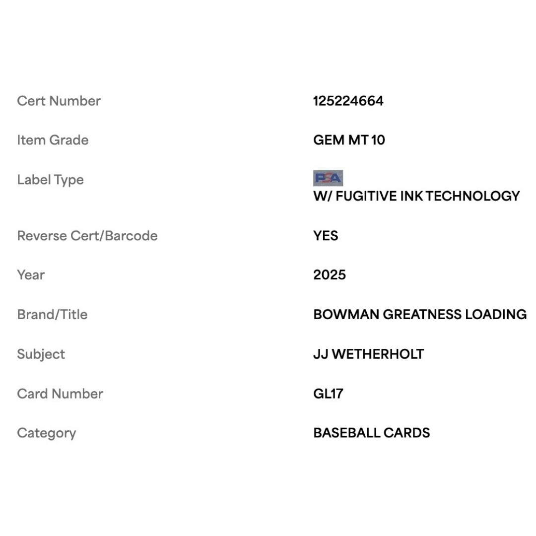 JJ Wetherholt PSA 10 2025 Topps Bowman Chrome Greatness Loading Card #GL17