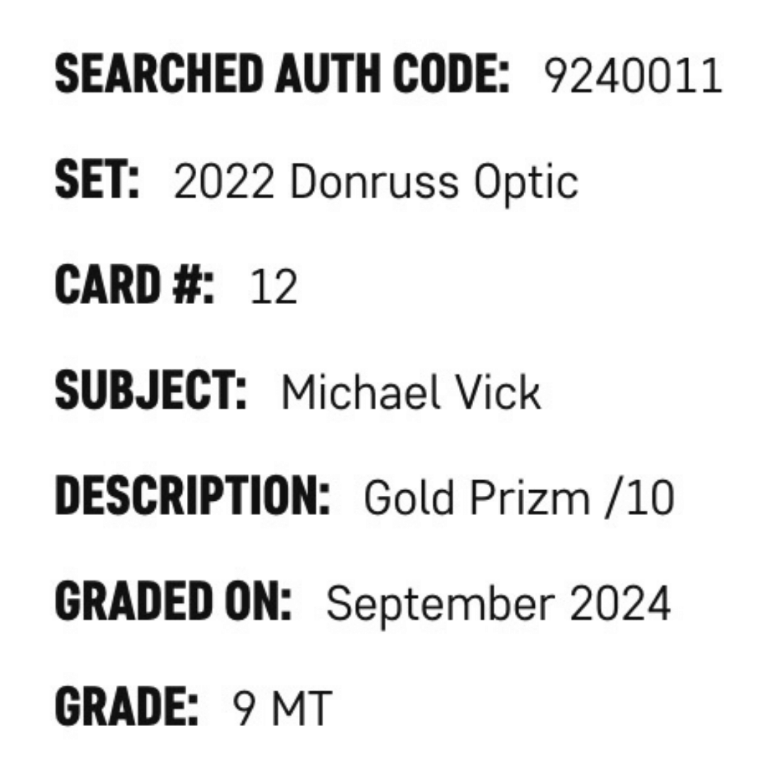 Michael Vick SGC 9 2022 Panini Donruss Optic Gold Prizm #d/ 10 Card #12