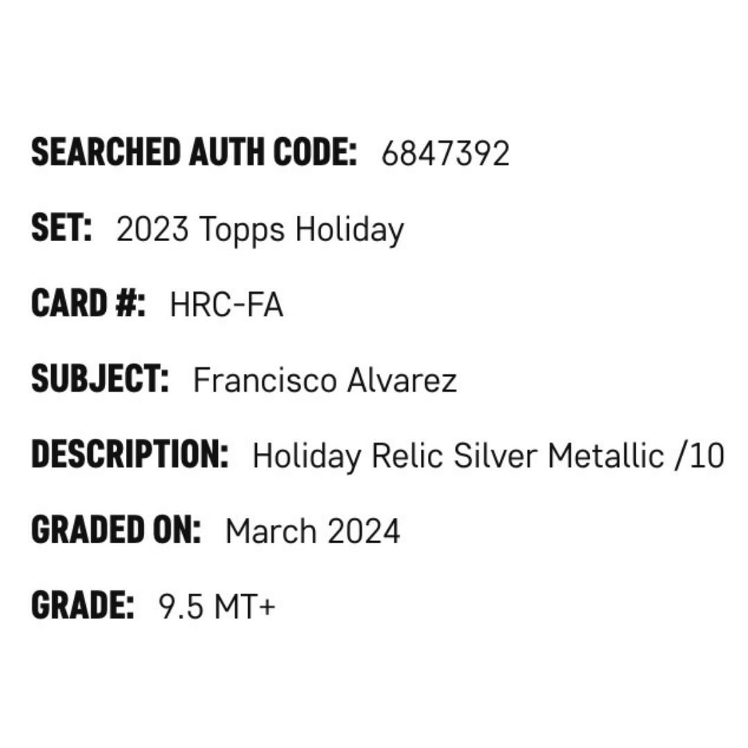 Francisco Alvarez SGC 9.5 2023 Topps Holiday Relic Silver Metallic #d/ 10 Card #HRCFA
