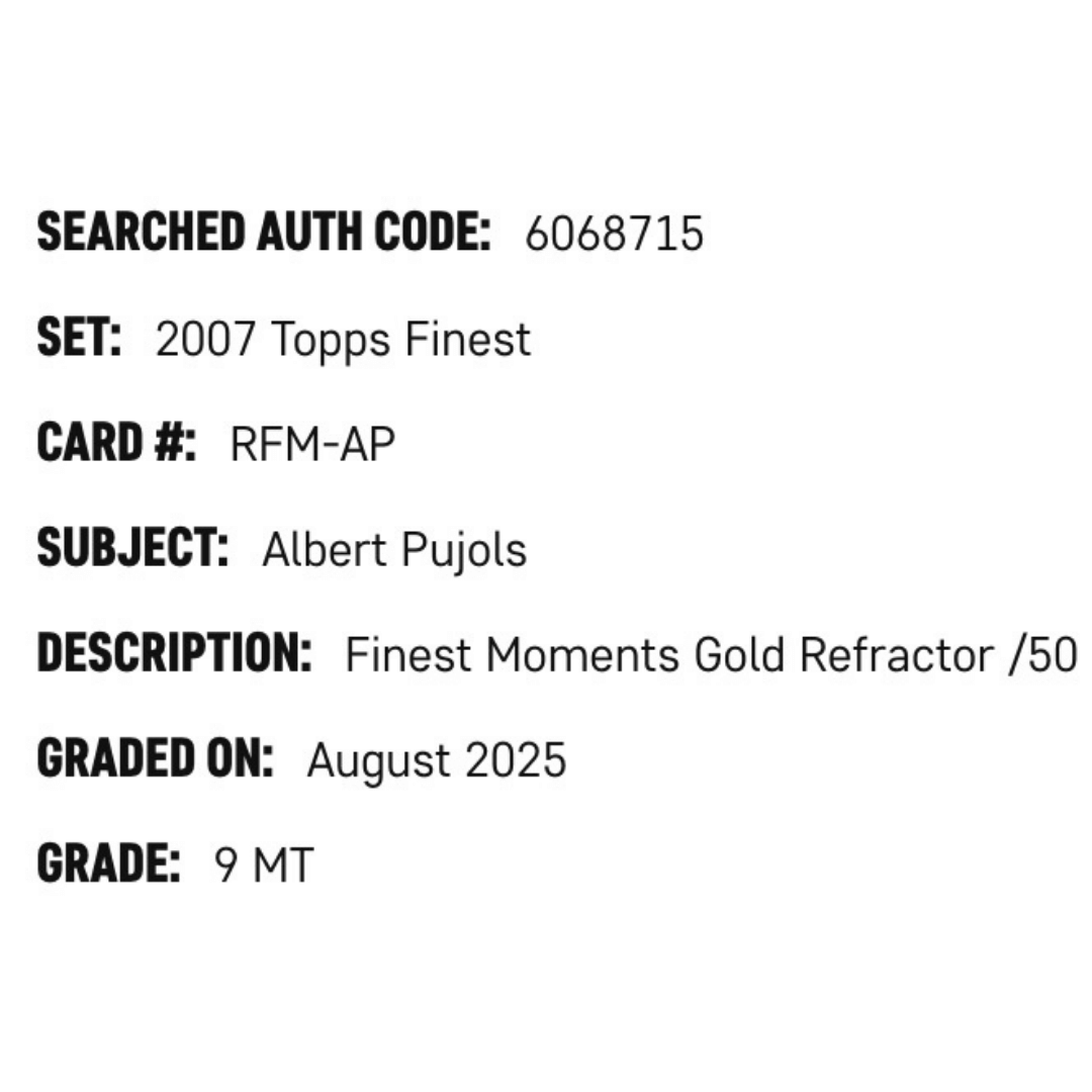 Albert Pujols SGC 9 2007 Topps Finest Moments Gold Refractor #d/ 50 Card #RFM-AP