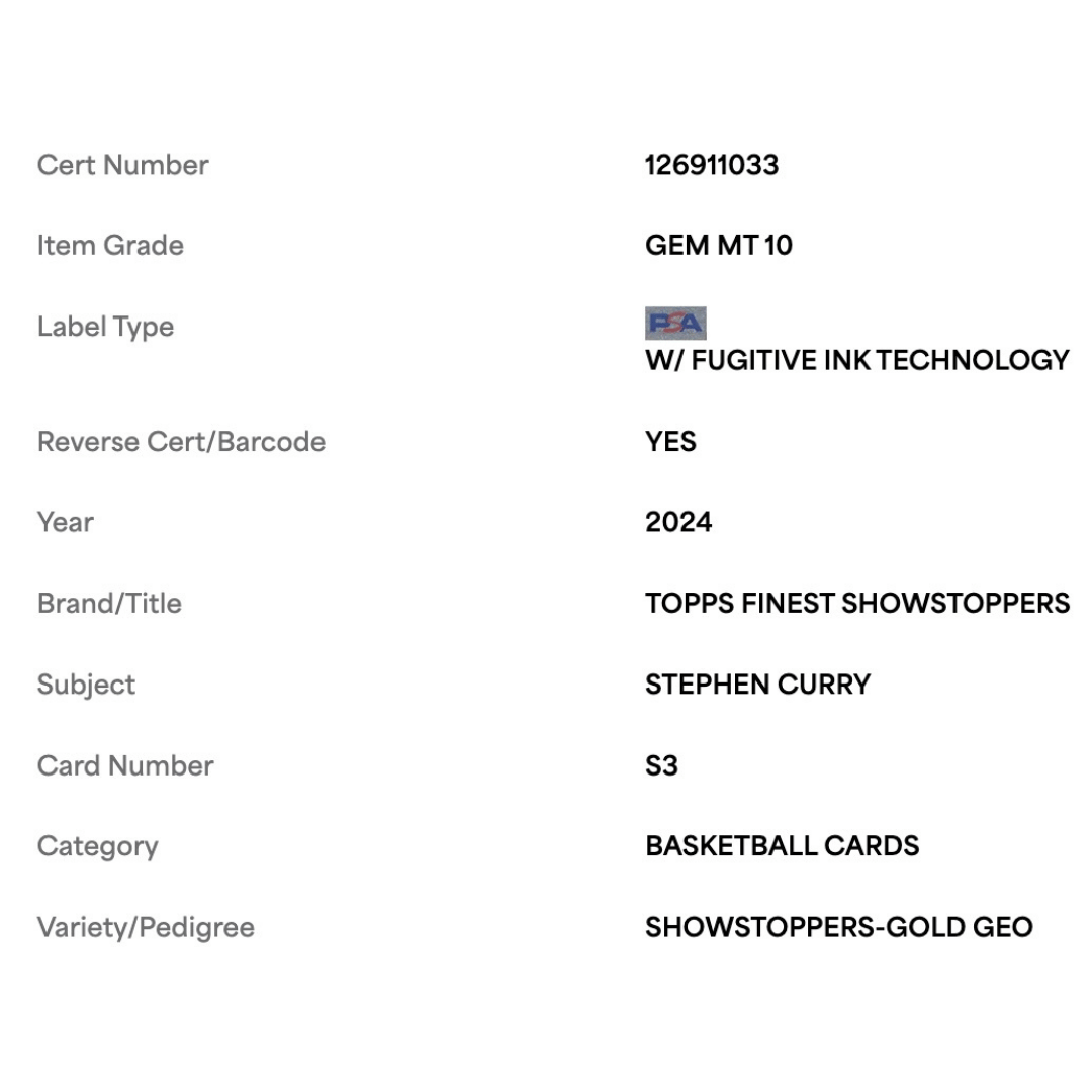 Steph Curry PSA 10 2024 Topps Finest Showstoppers Gold Geo #d/ 50 Card #S3