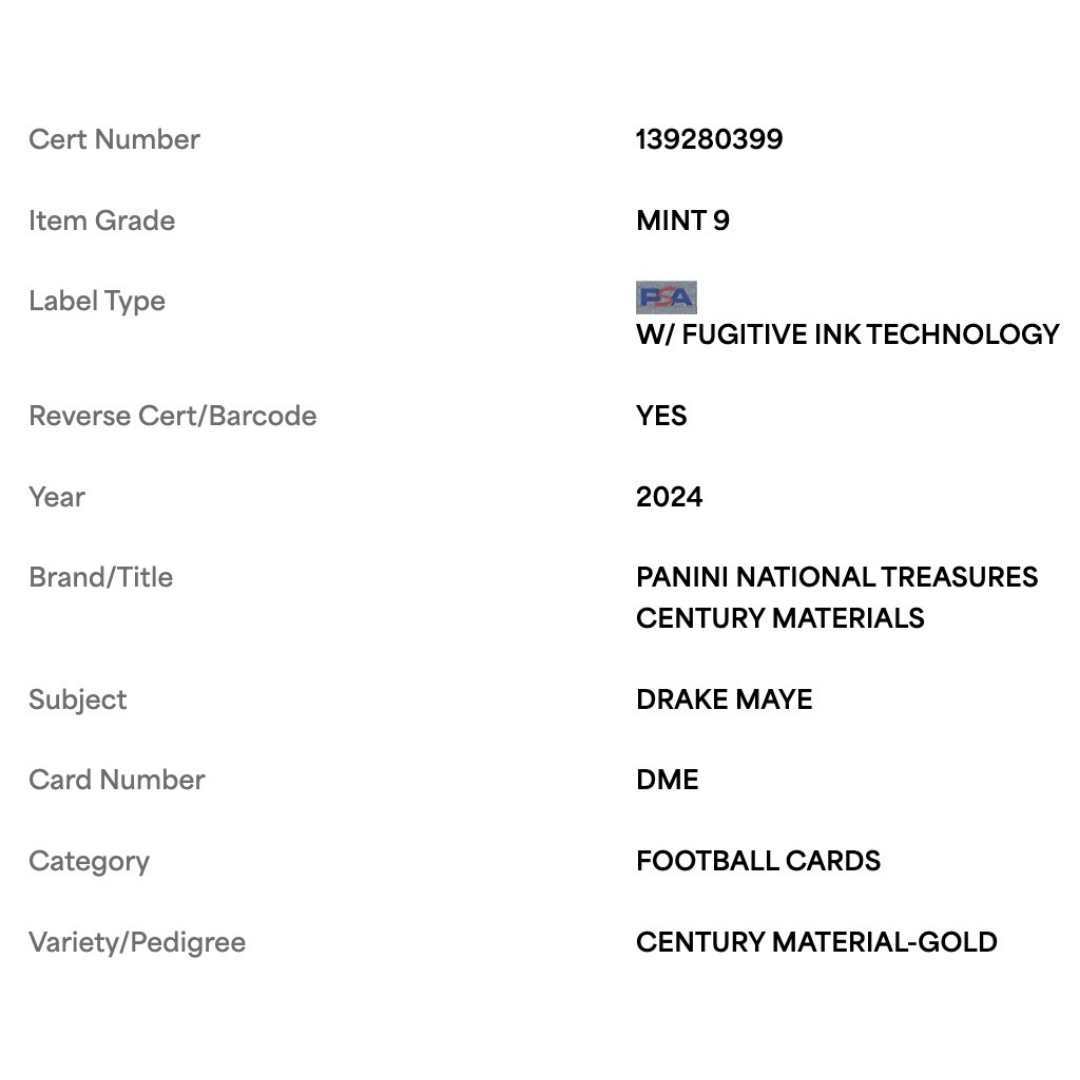 Drake Maye PSA 9 2024 Panini National Treasures Century Material Gold Rookie RC #d/ 49 Card #DME