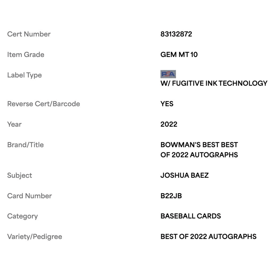 Joshua Baez PSA 10 2022 Bowmans Best Best of 2022 Autographs Card #B22JB