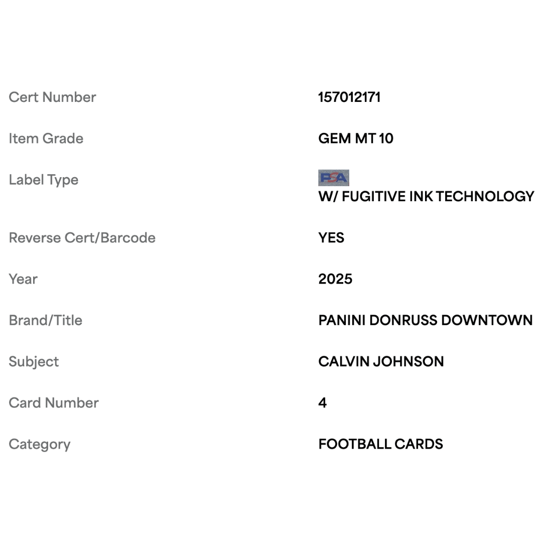 Calvin Johnson PSA 10 2025 Panini Donruss Downtown Card #4