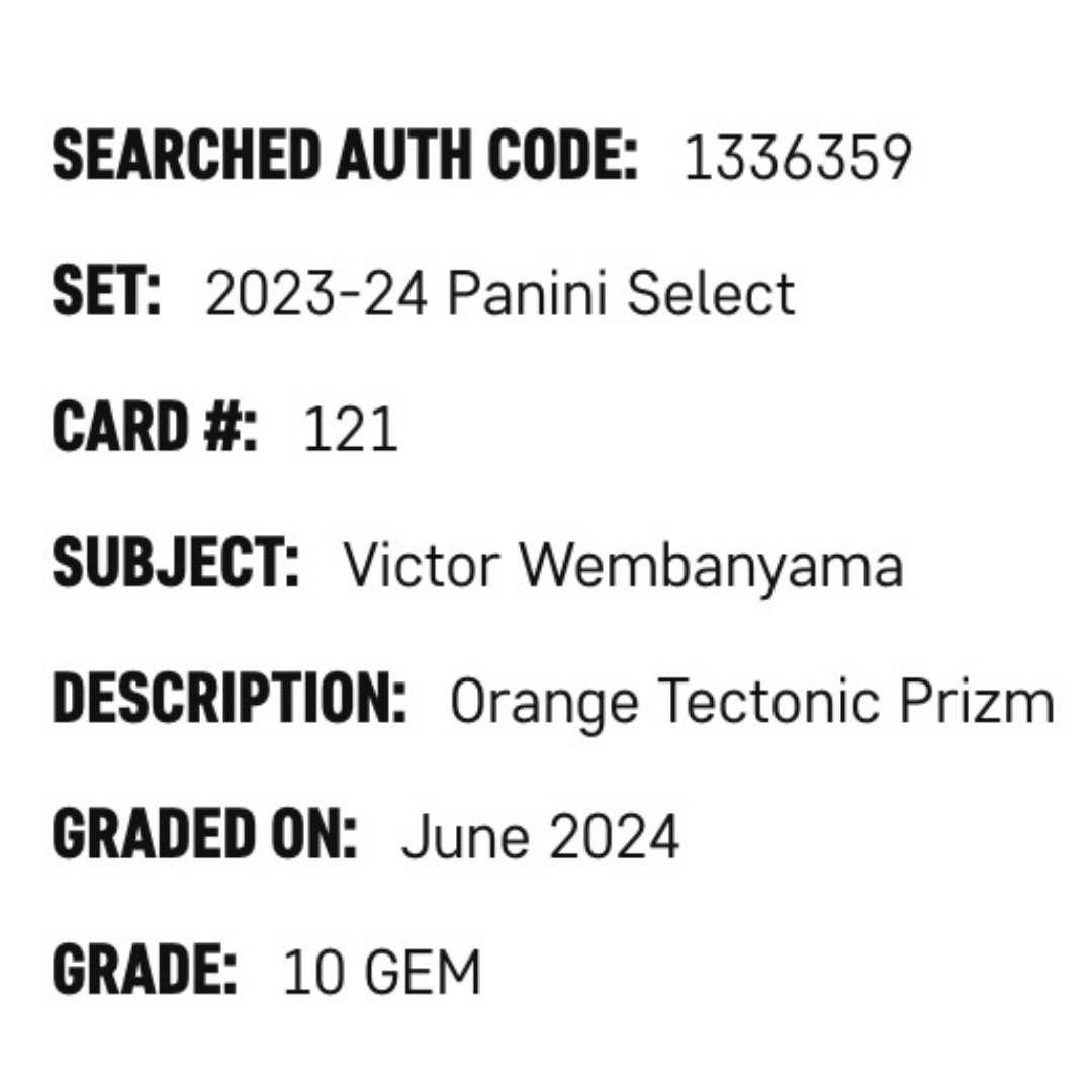 Victor Wembanyama SGC 10 2023-24 Panini Select Orange Tectonic Prizm Card #121