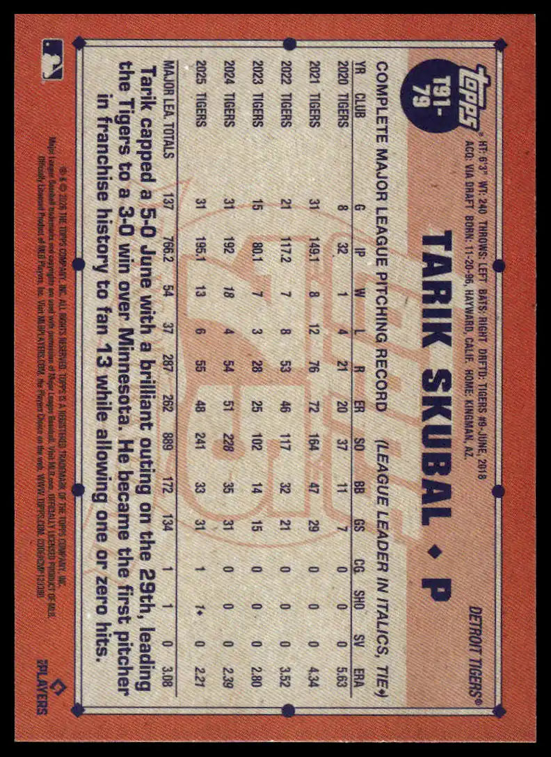 2026 Topps - Tarik Skubal 1991 Topps Baseball (Series One) - Baseball #T91-79