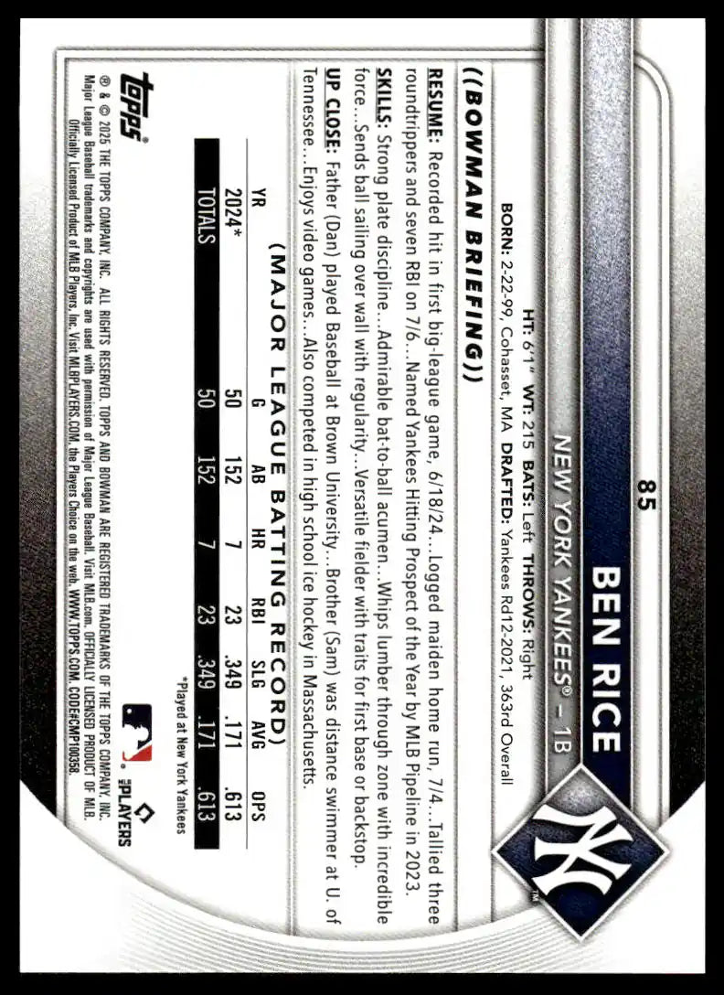2025 Bowman - Ben Rice - Baseball #85