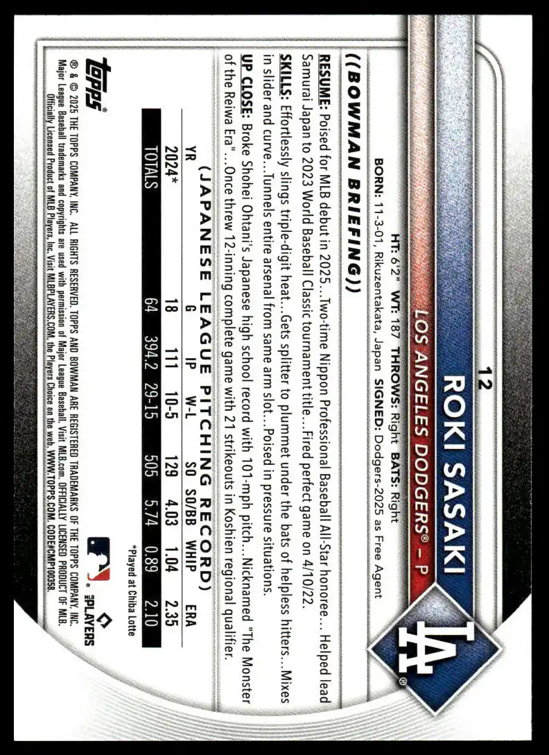 2025 Bowman - Roki Sasaki - Baseball #12