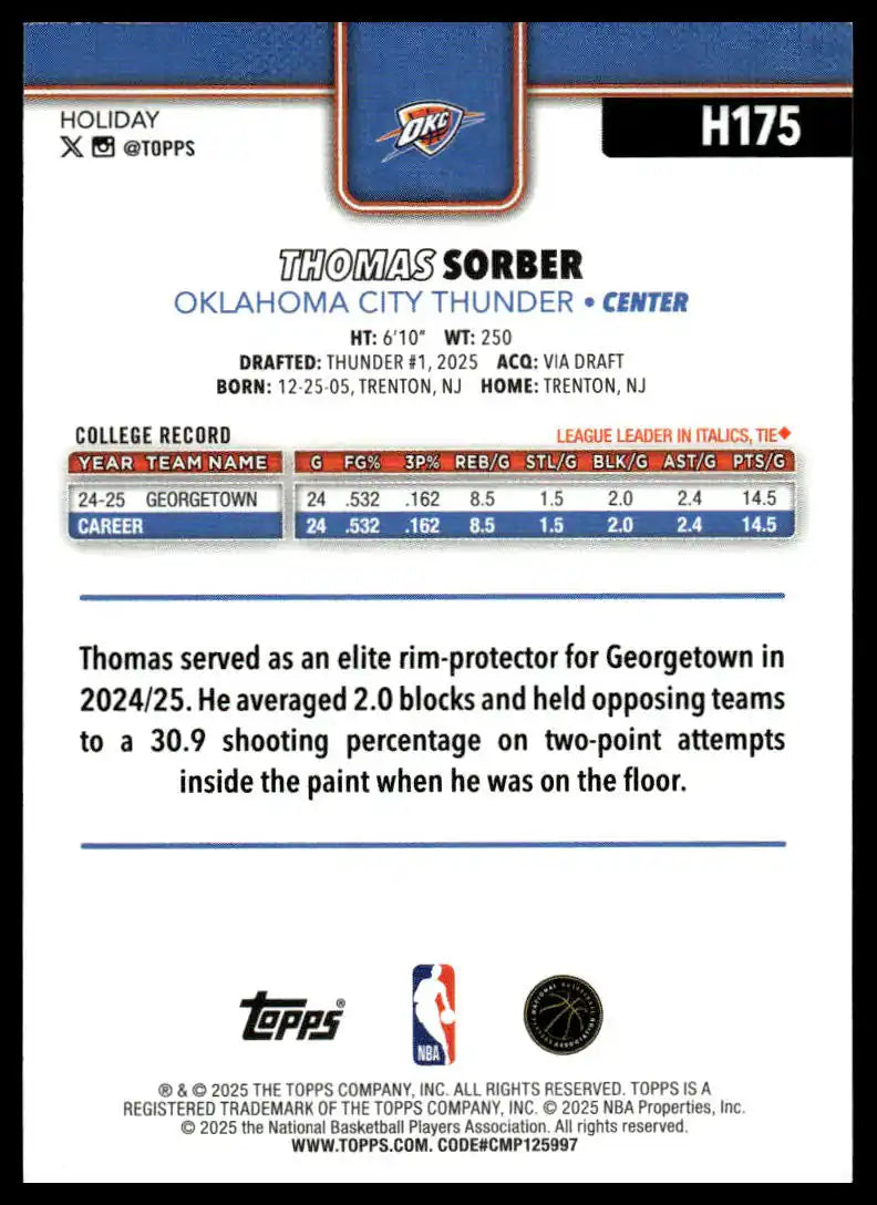2025-26 Topps Holiday - Thomas Sorber - Basketball #H175