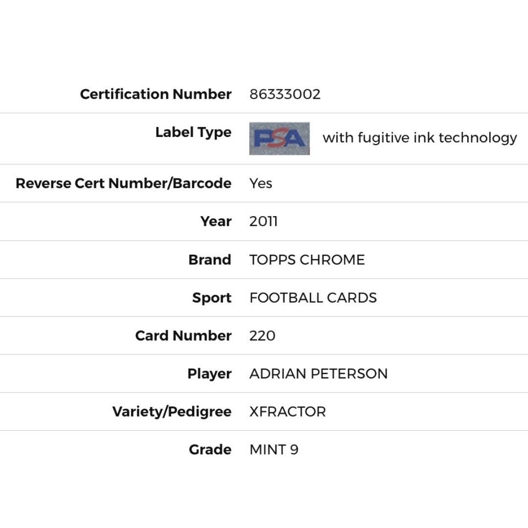 Adrian Peterson PSA 9 2021 Topps Chrome XFractor Card #220