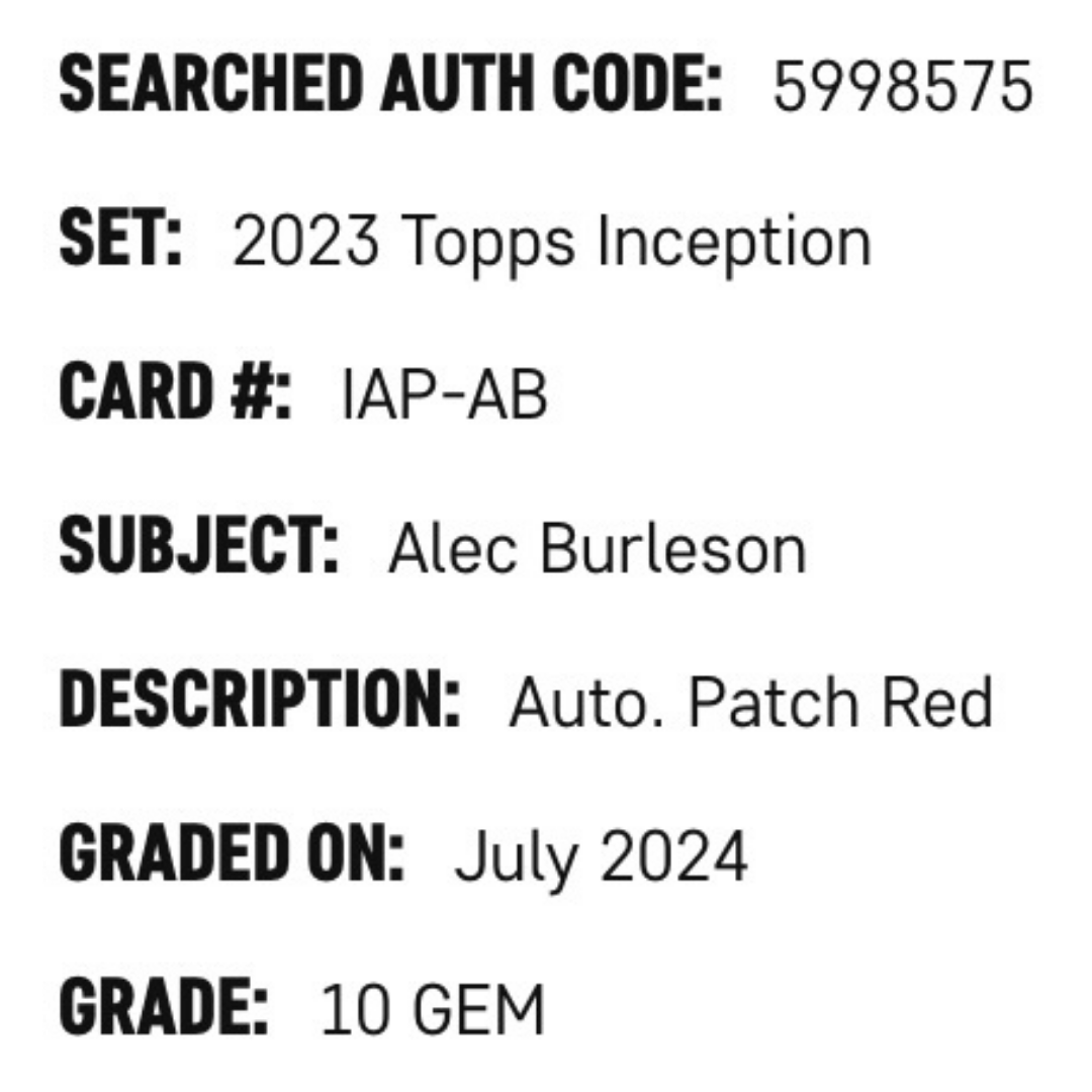 Alec Burleson SGC 10 2023 Topps Inception Autographed Patch Rookie RC #d /25 Card #IAP-AB
