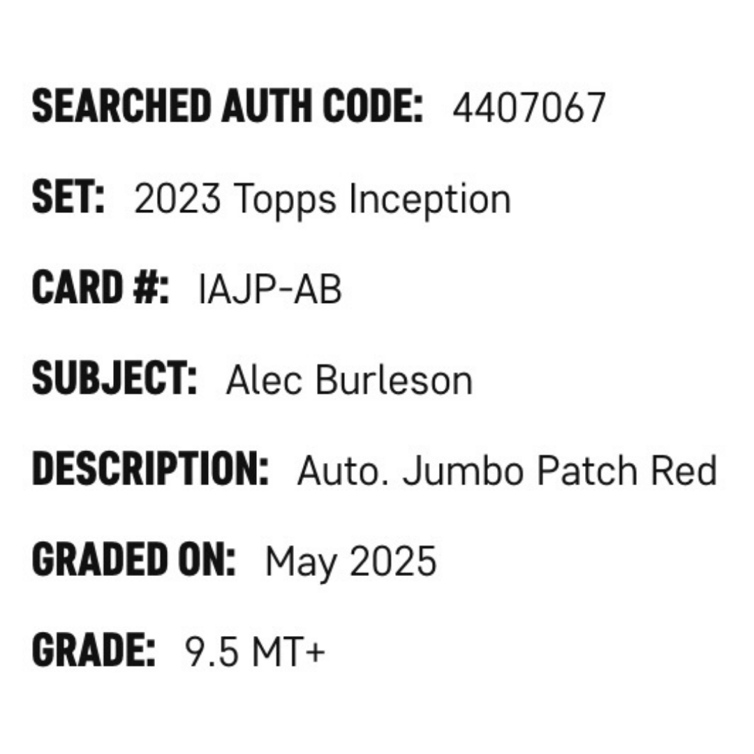 Alec Burleson SGC 9.5 2023 Topps Inception Autographed Jumbo Patch Red Rookie RC #d /50 Card #IAJP
