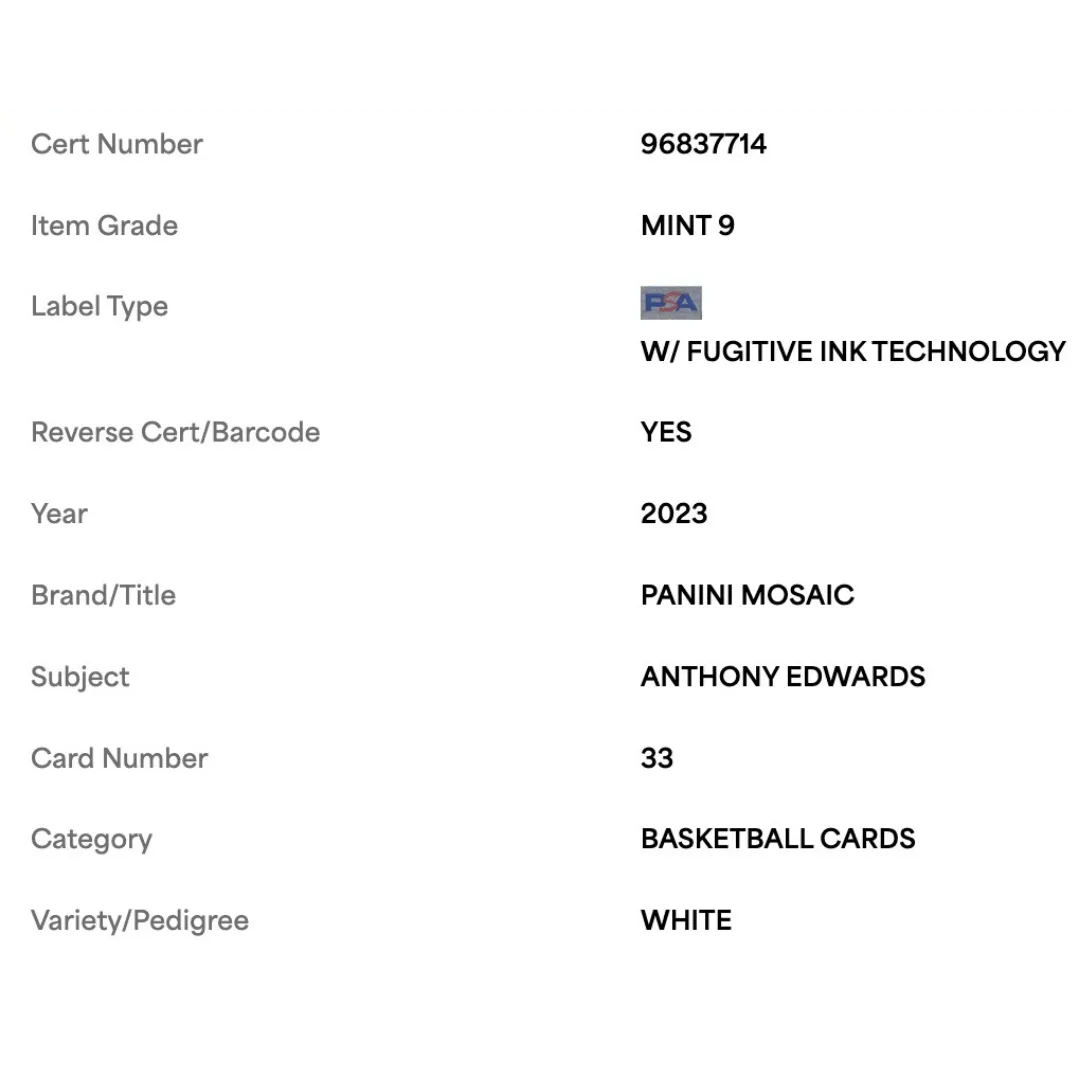 Anthony Edwards PSA 9 2023 Panini Mosaic White #d/ 25 Card #33