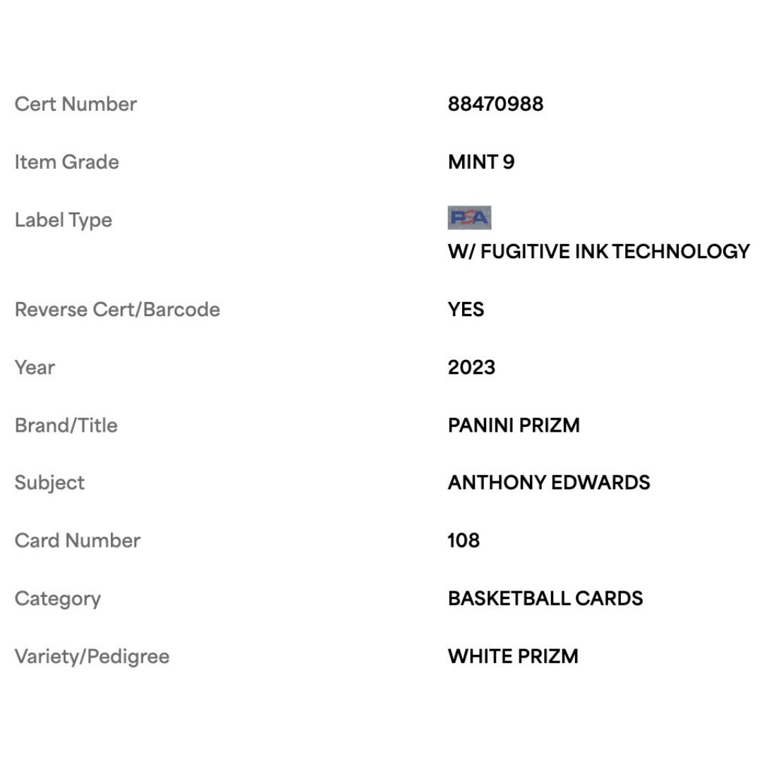 Anthony Edwards PSA 9 2023 Panini Prizm White #d/175 Card #108