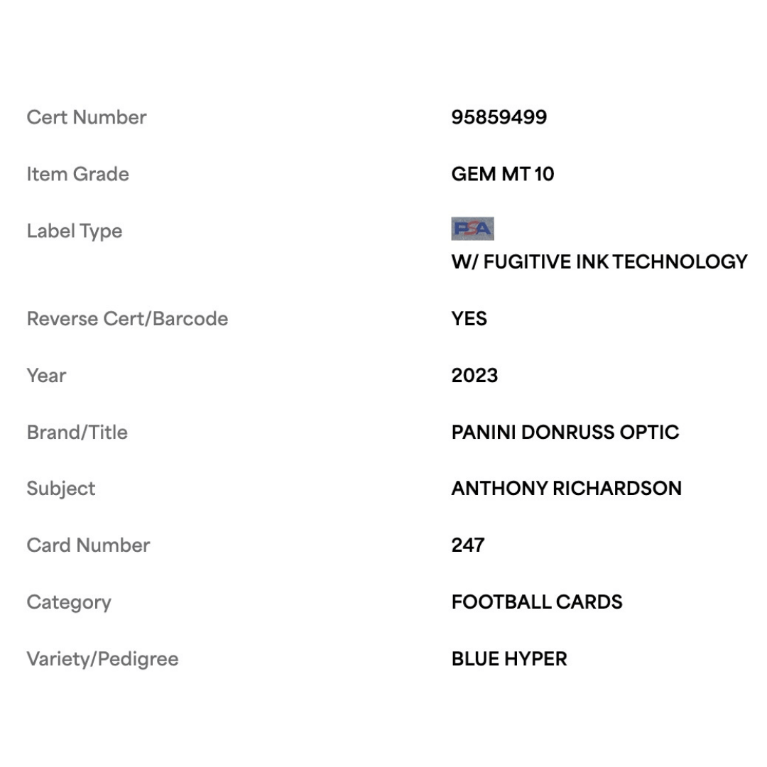 Anthony Richardson PSA 10 2023 Panini Donruss Optic Blue Hyper Rated Rookie Card #247