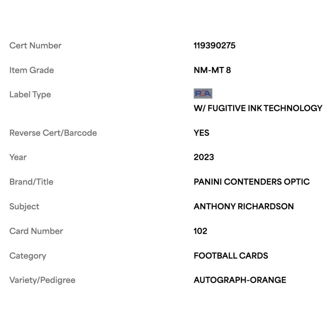 Anthony Richardson PSA 8 2023 Panini Contenders Optic Autograph Orange Rookie RC #5/ 50 Card #102