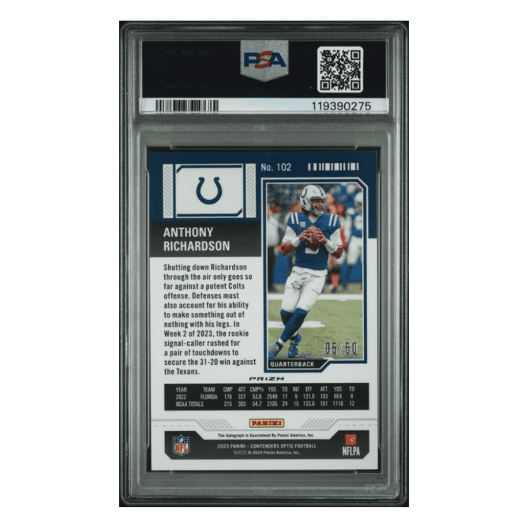 Anthony Richardson PSA 8 2023 Panini Contenders Optic Autograph Orange Rookie RC #5/ 50 Card #102