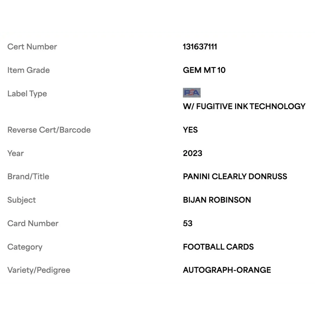 Bijan Robinson PSA 10 2023 Clearly Donruss Autograph Orange #d/ 75 Card #53