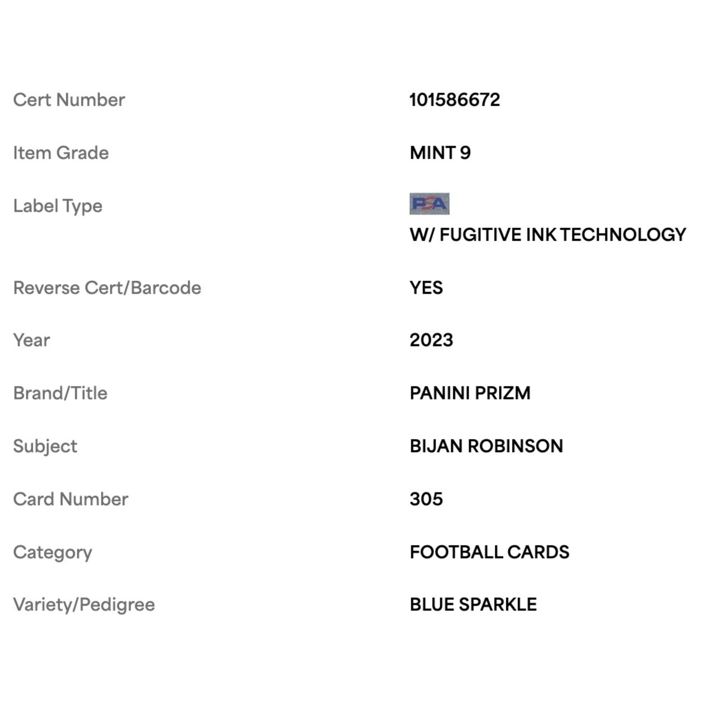 Bijan Robinson PSA 9 2023 Panini Prizm Blue Sparkle Rookie RC #d/ 96 Card #305