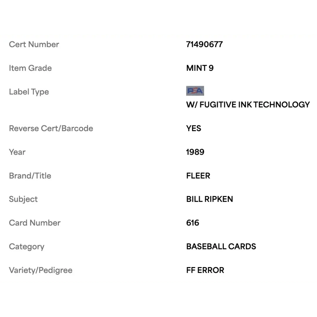 Bill Ripken PSA 9 1989 Fleer FF Error Card #616