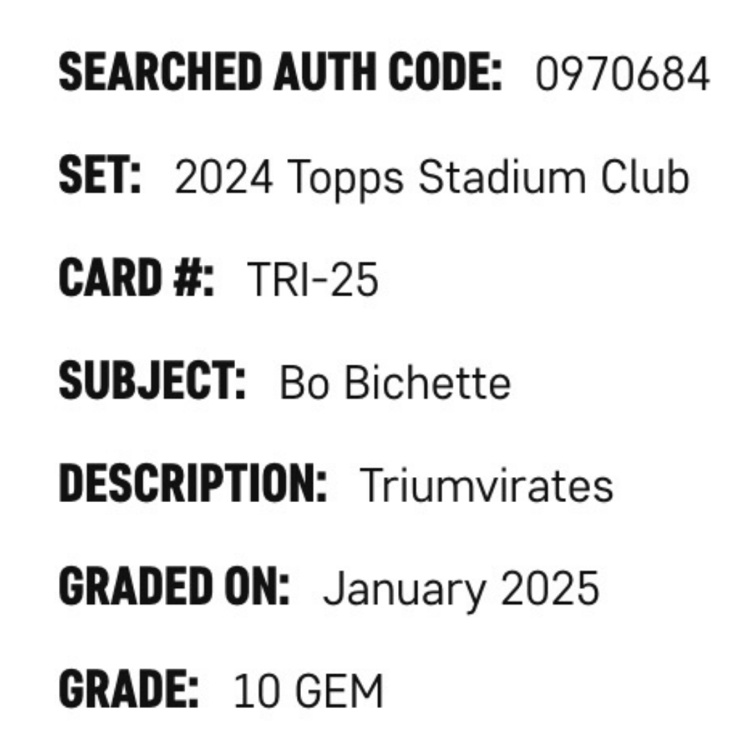 Bo Bichette SGC 10 2024 Topps Stadium Club Triumvirates Card #TRI-25
