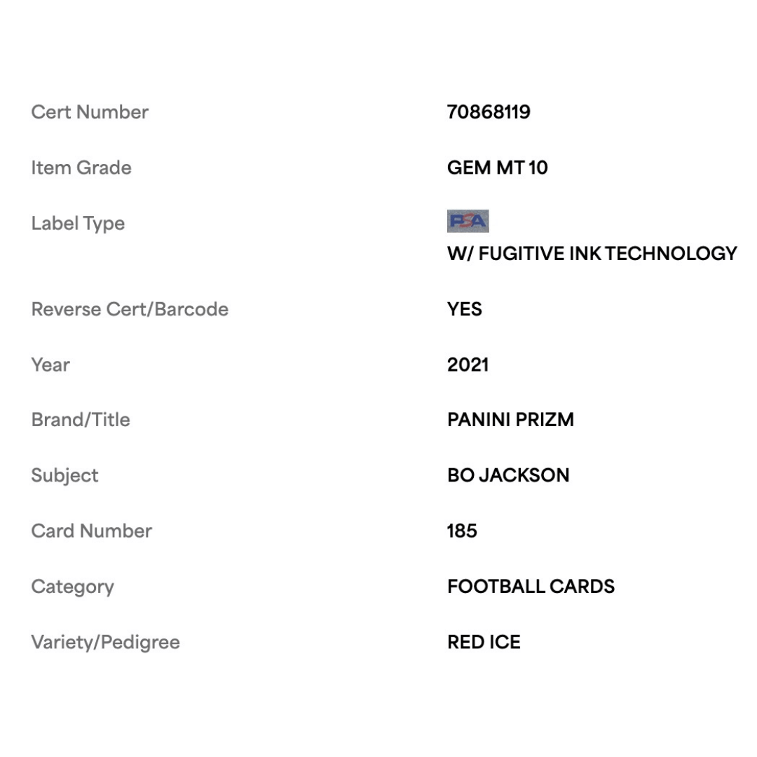 Bo Jackson PSA 10 2021 Panini Prizm Red Ice Card #185