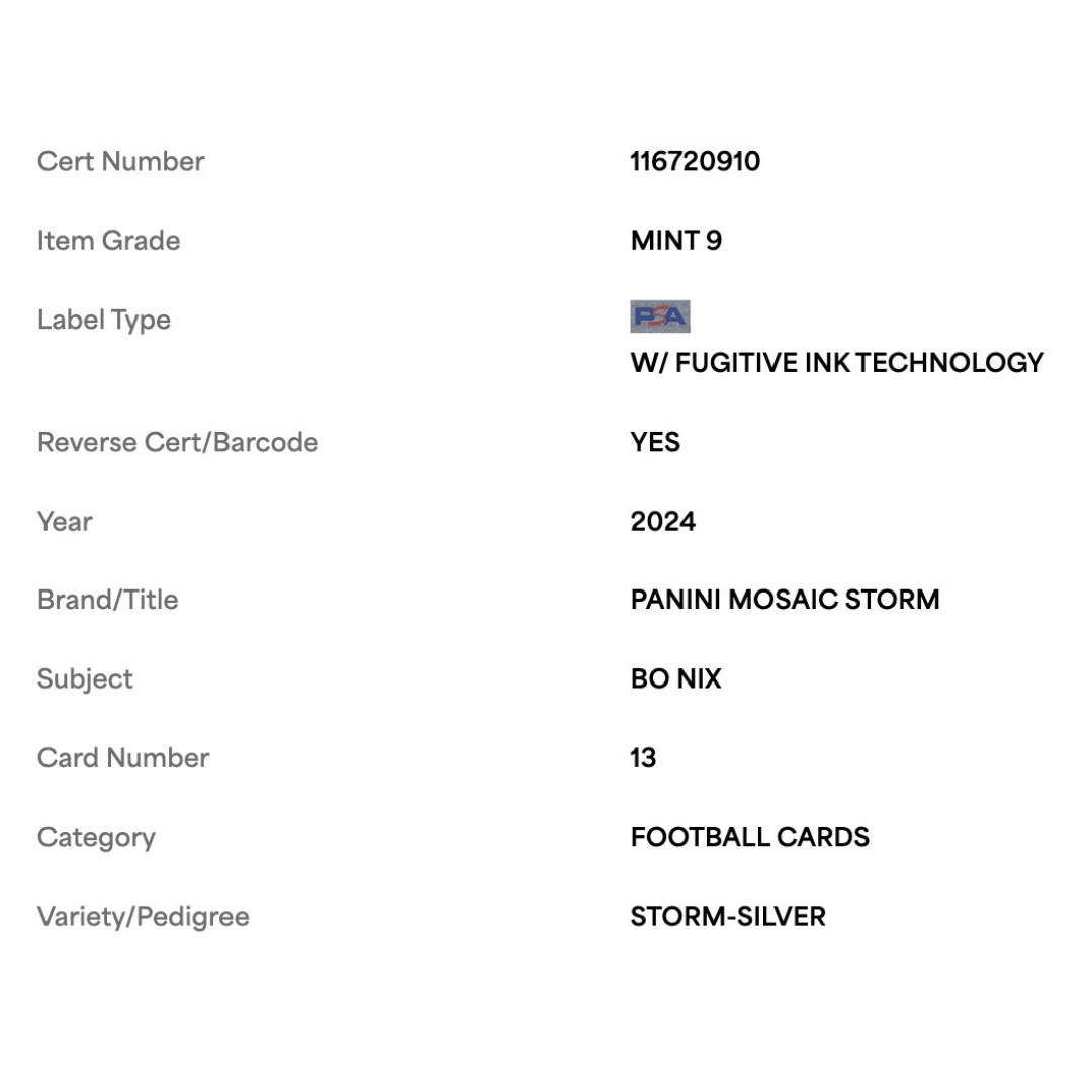 Bo Nix PSA 9 2024 Panini Mosaic Storm Silver Rookie RC Card #13