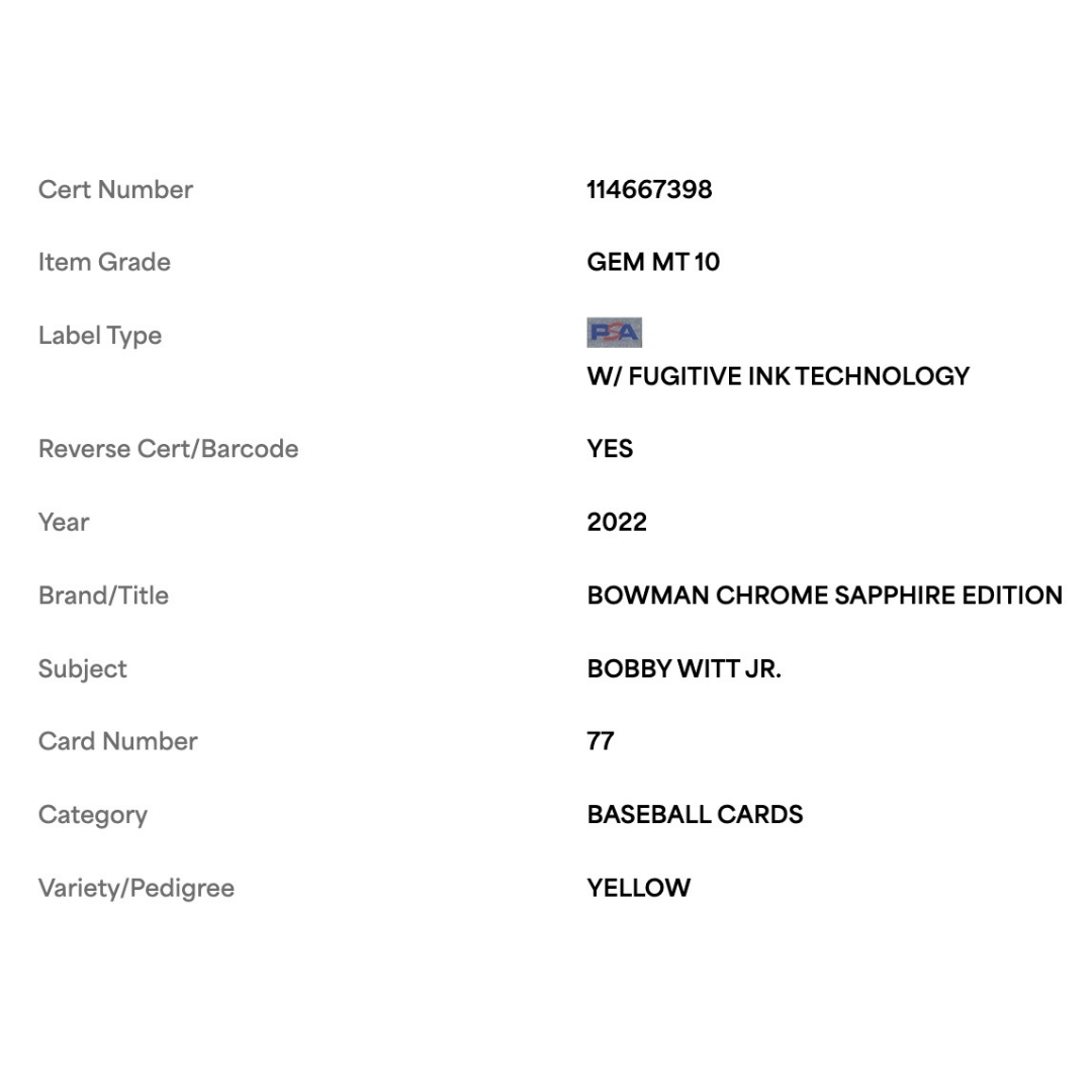 Bobby Witt Jr PSA 10 2022 Bowman Chrome Sapphire Edition Yellow Refractor Rookie RC #d /50 Card #77