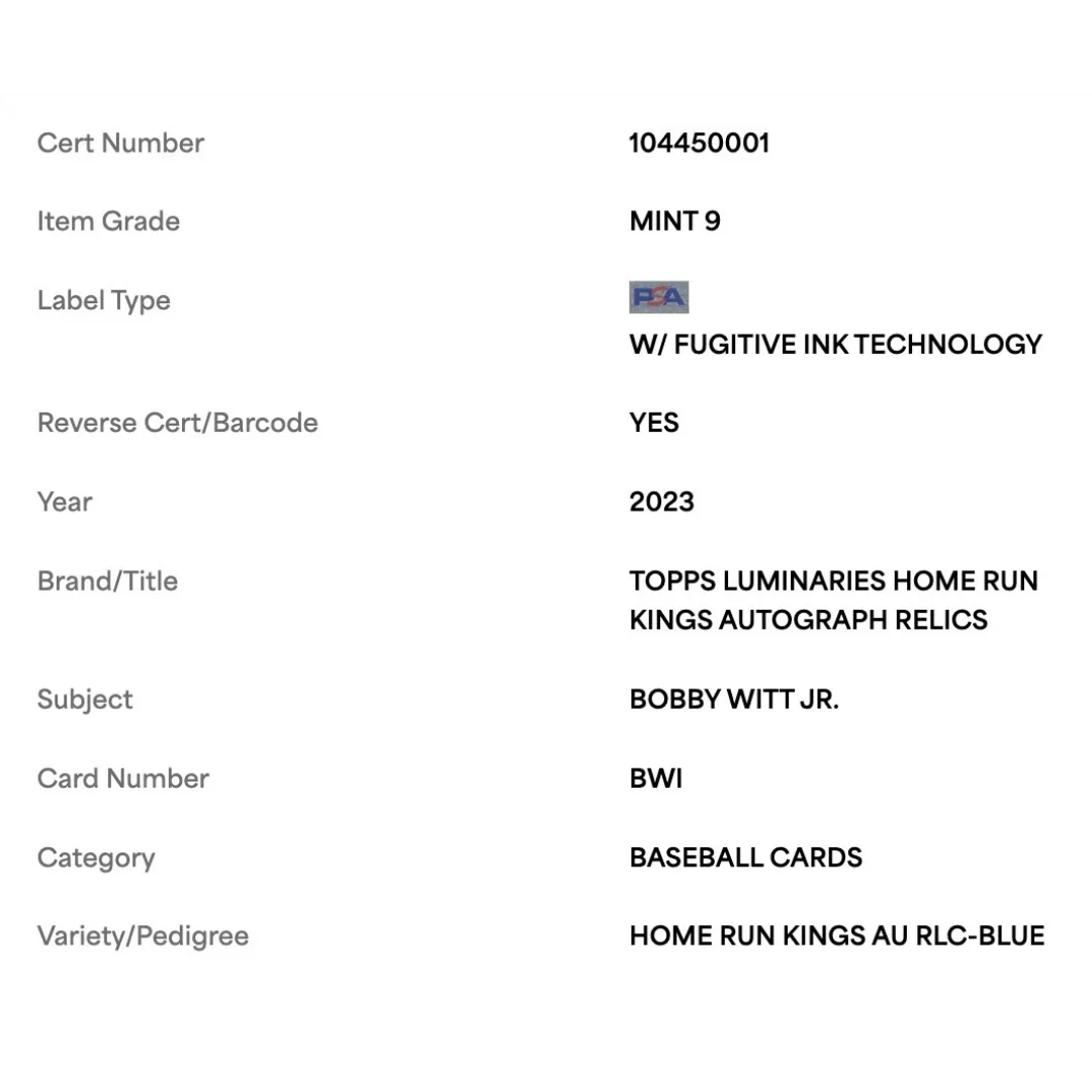 Bobby Witt Jr PSA 9 2023 Topps Luminaries Home Run Kings Autograph Relics Blue #d/10 Card #BWI
