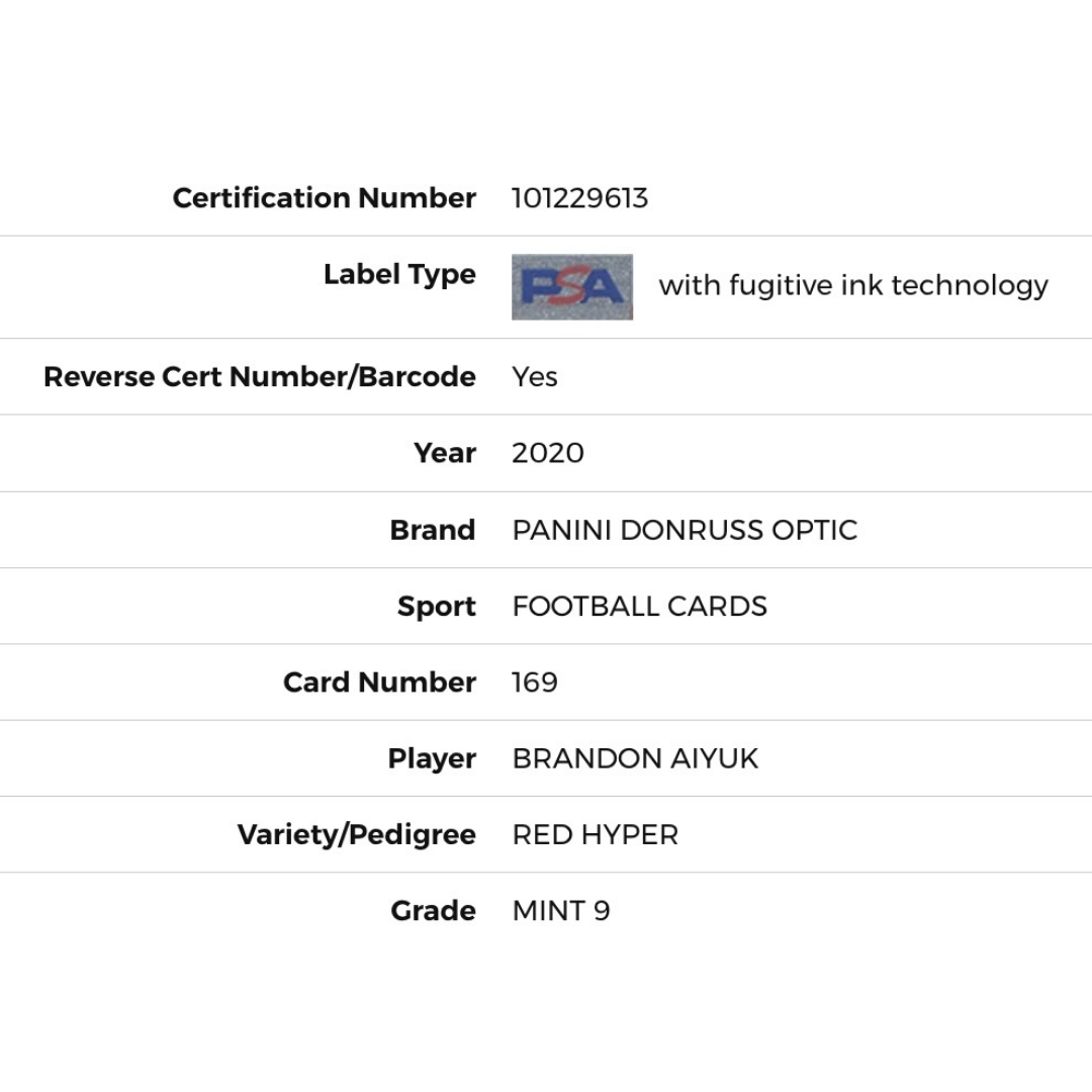 Brandon Aiyuk PSA 9 2020 Panini Donruss Optic Red Hyper Rated Rookie Card #169