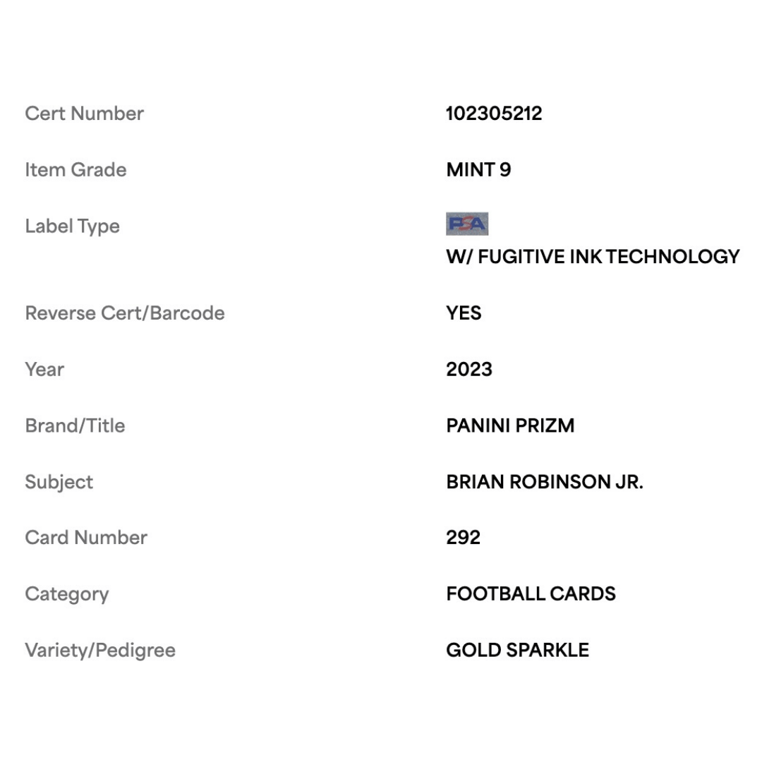 Brian Robinson Jr PSA 9 2023 Panini Prizm Gold Sparkle #d /24 Card #292