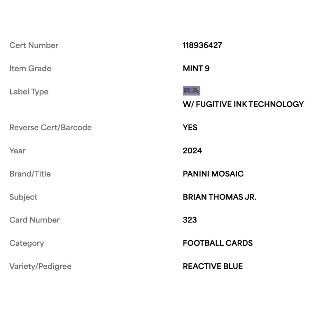 Brian Thomas Jr PSA 9 2024 Panini Mosaic Reactive Blue Rookie RC Card #323